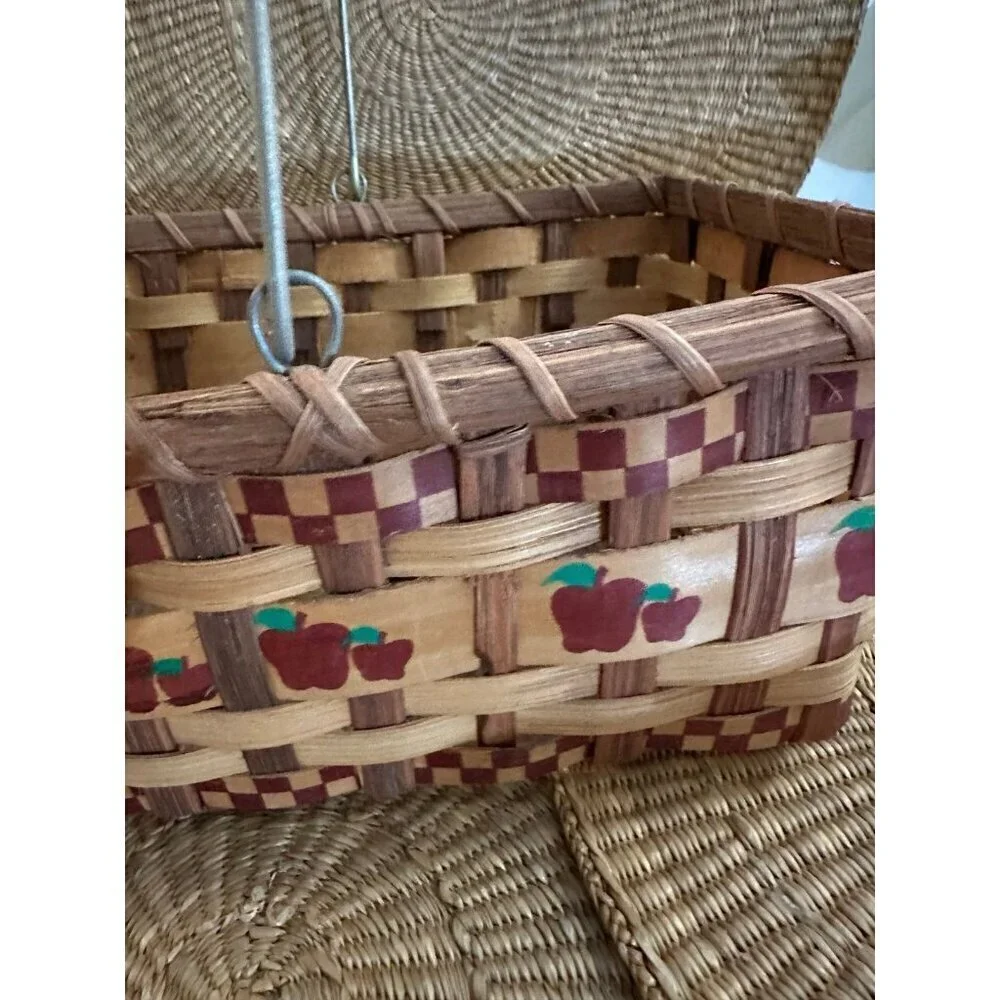 Vintage Woven Basket with Apple Design & Wooden Handle